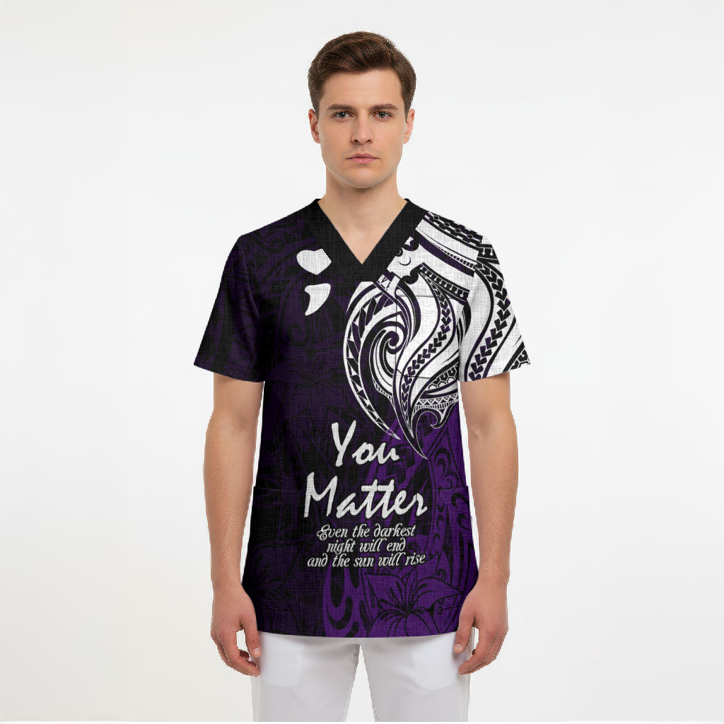 You Matter Suicide Prevention Support Scrub Top Purple Polynesian Tribal
