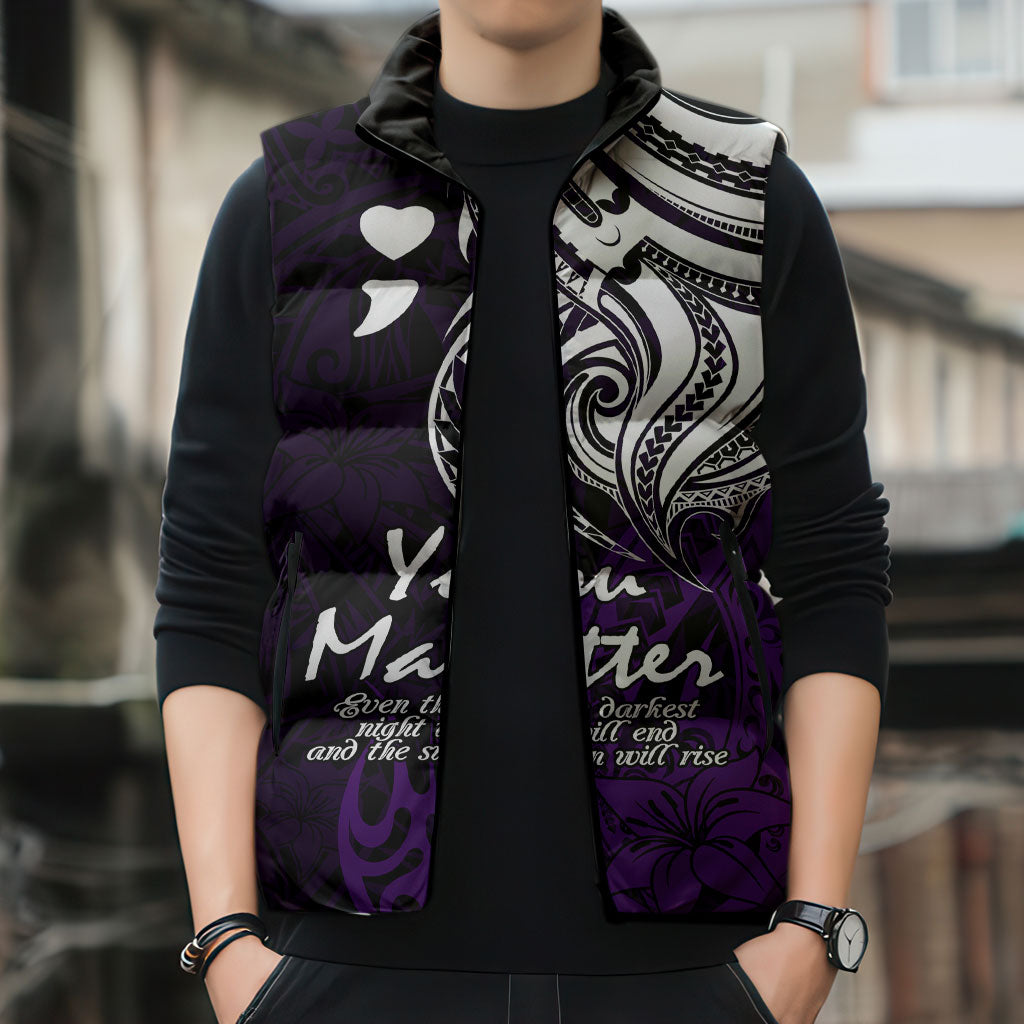 You Matter Suicide Prevention Support Sleeveless Puffer Jacket Purple Polynesian Tribal