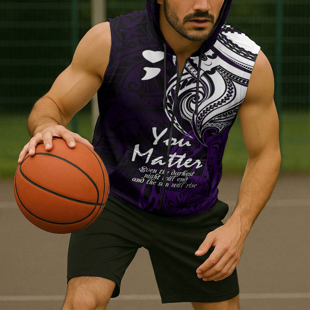 You Matter Suicide Prevention Support Sleeveless Zip Hoodie Purple Polynesian Tribal
