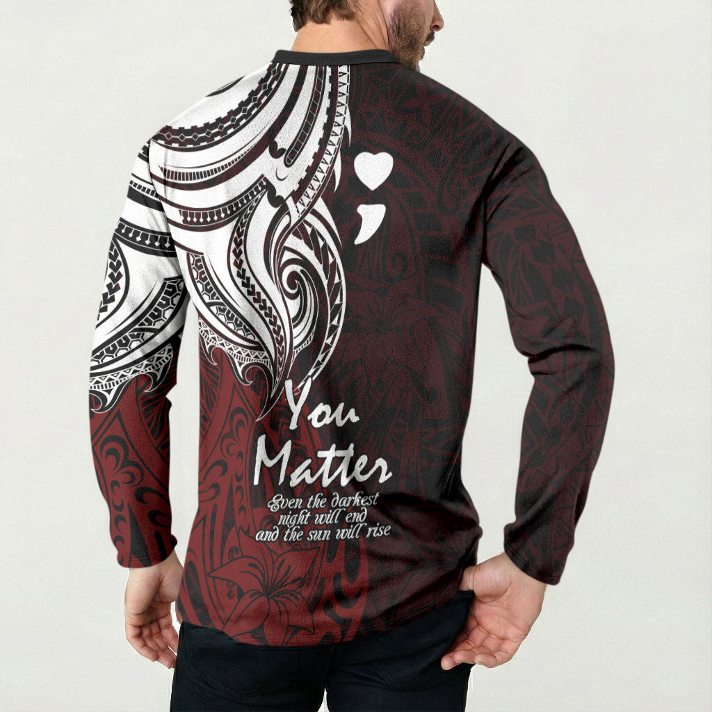 You Matter Suicide Prevention Support Button Sweatshirt Red Polynesian Tribal