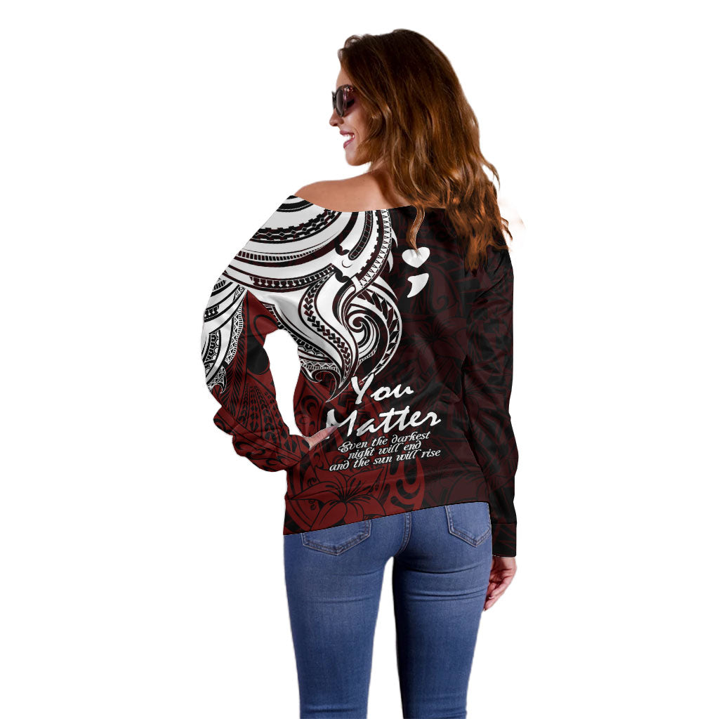You Matter Suicide Prevention Support Off Shoulder Sweater Red Polynesian Tribal