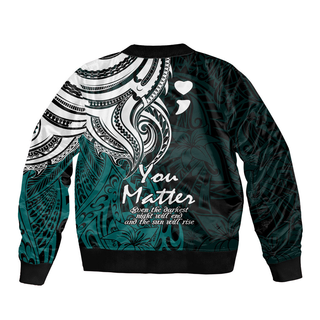 You Matter Suicide Prevention Support Bomber Jacket Turquoise Polynesian Tribal