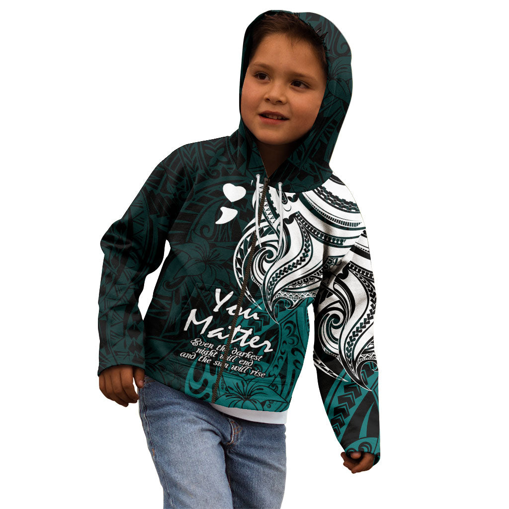 You Matter Suicide Prevention Support Kid Hoodie Turquoise Polynesian Tribal