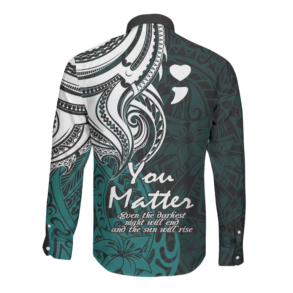 You Matter Suicide Prevention Support Long Sleeve Button Shirt Turquoise Polynesian Tribal