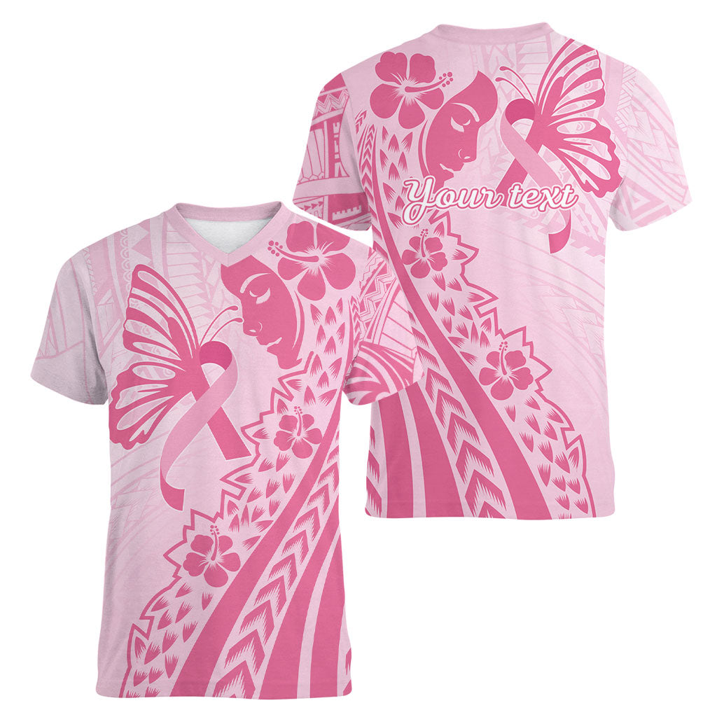 Pacific Girl and Butterfly Cancer Pink Ribbon Personalised Women V-Neck T-Shirt