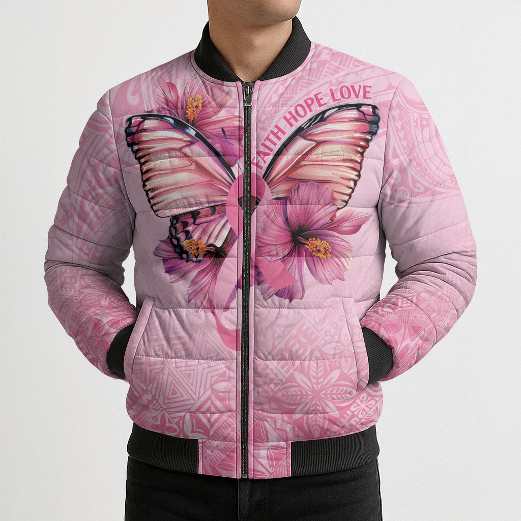 Faith Hope Love Butterfly Pink Ribbon Personalised Bomber Puffer Jacket Polynesian Tribal Pattern