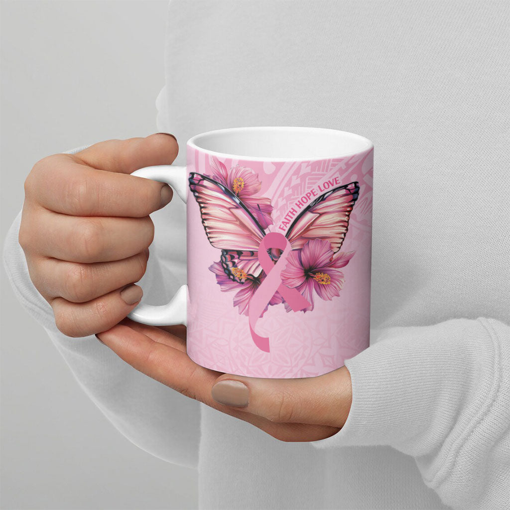 Faith Hope Love Butterfly Pink Ribbon Personalised Ceramic Mug Polynesian Tribal Pattern