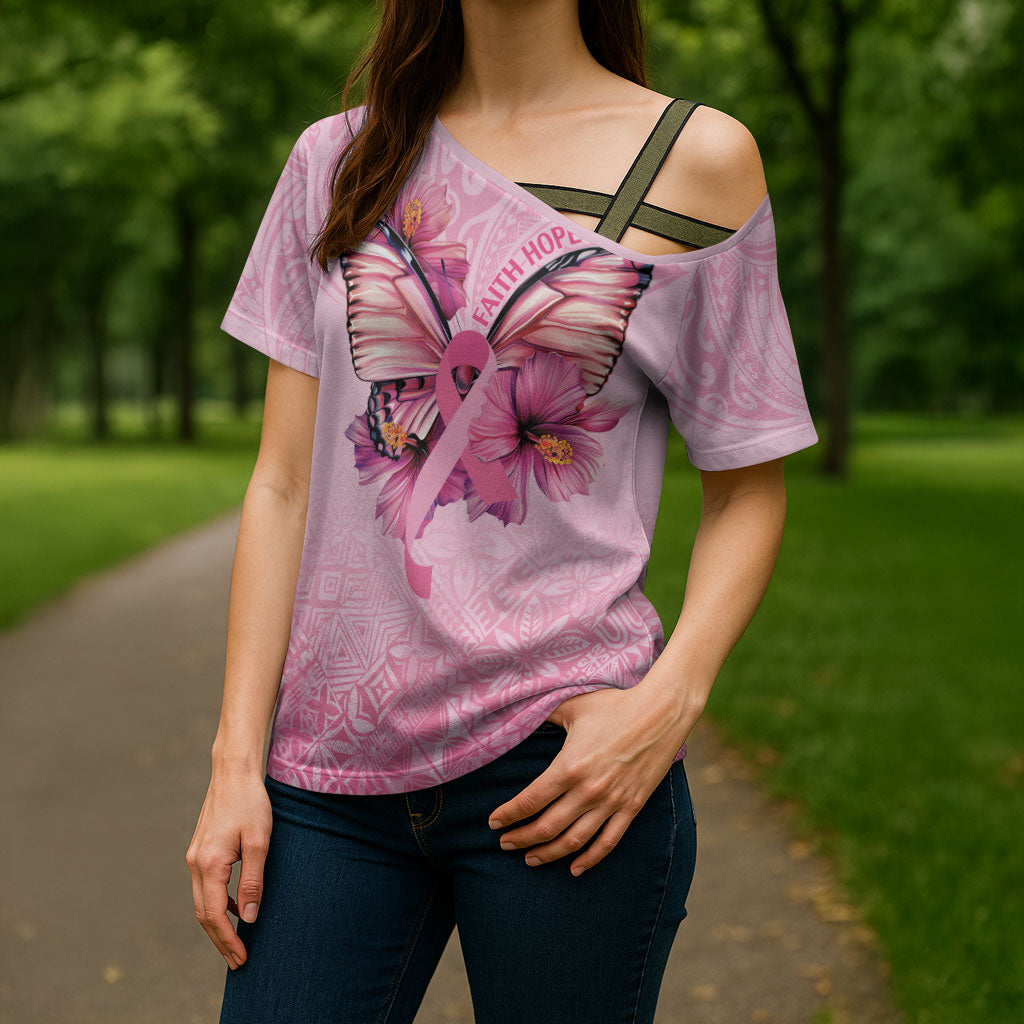 Faith Hope Love Butterfly Pink Ribbon Personalised Cross Shoulder Shirt Polynesian Tribal Pattern