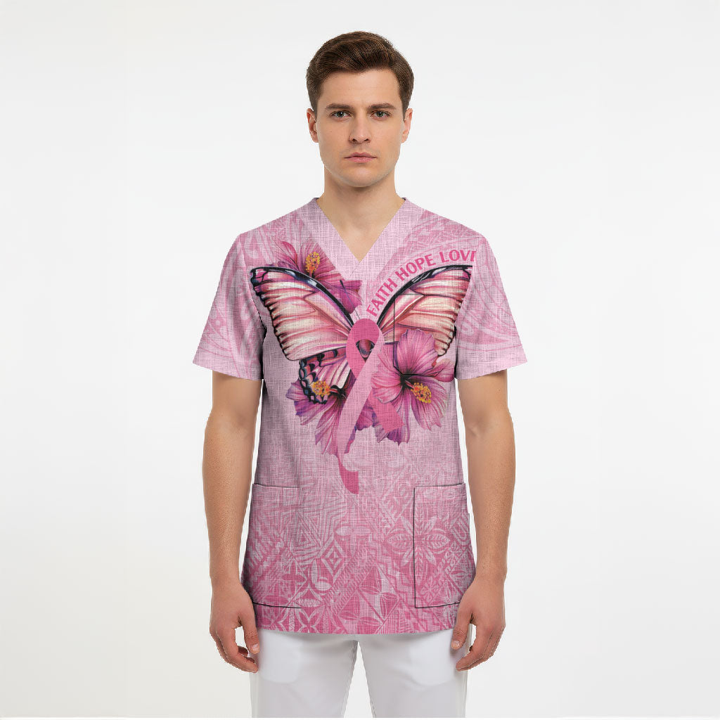 Faith Hope Love Butterfly Pink Ribbon Personalised Scrub Top Polynesian Tribal Pattern
