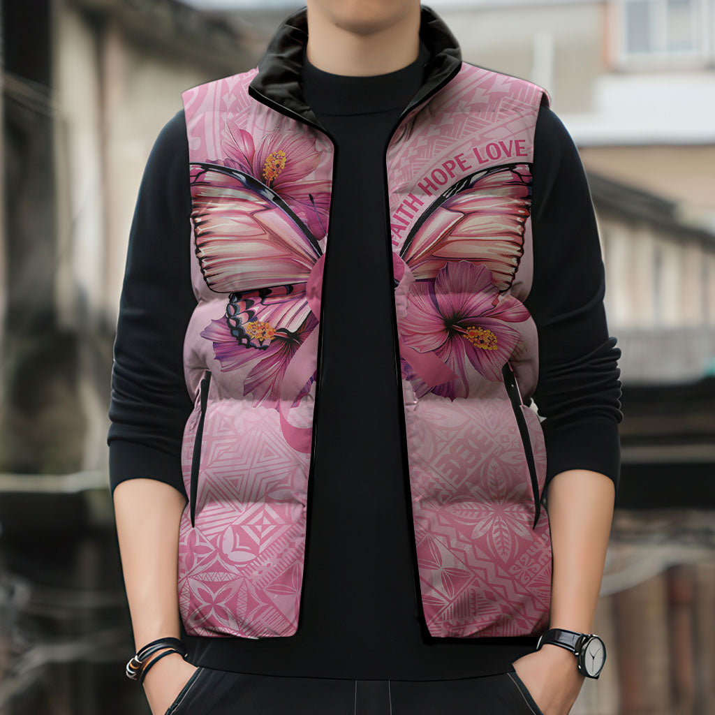 Faith Hope Love Butterfly Pink Ribbon Personalised Sleeveless Puffer Jacket Polynesian Tribal Pattern
