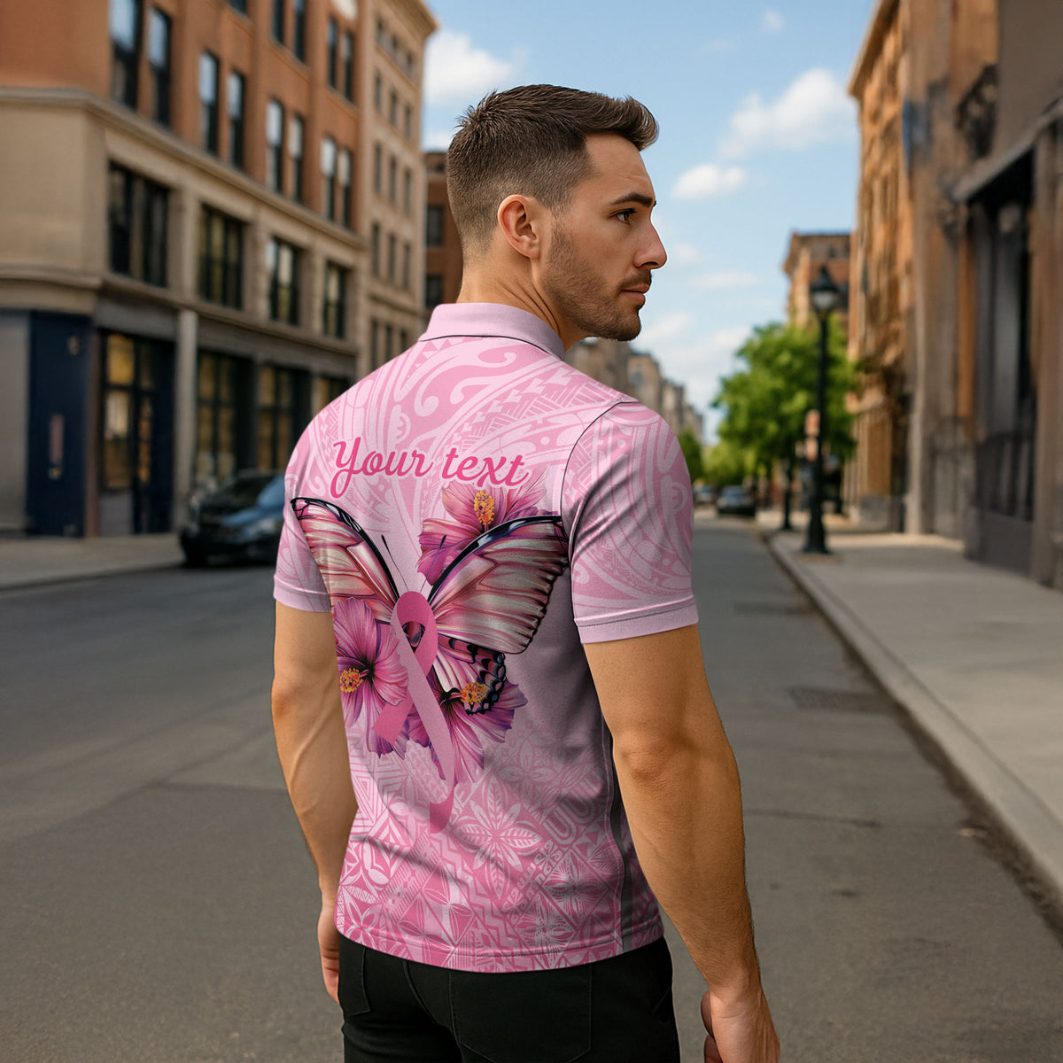 Faith Hope Love Butterfly Pink Ribbon Personalised Zipper Polo Shirt Polynesian Tribal Pattern