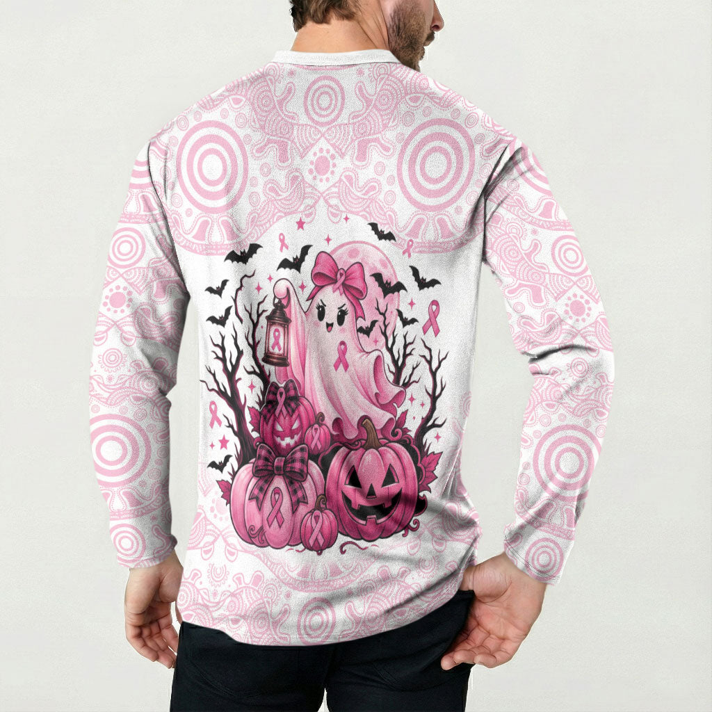 Aboriginal Pink Ghost Pumpkin Button Sweatshirt Aboriginal Halloween Wear Pink