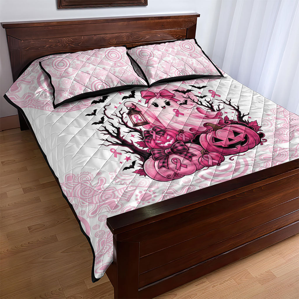 Aboriginal Pink Ghost Pumpkin Quilt Bed Set Aboriginal Halloween Wear Pink