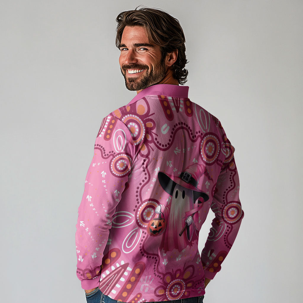 Pink Ghost Ribbon Long Sleeve Polo Shirt Aboriginal Halloween Wear Pink