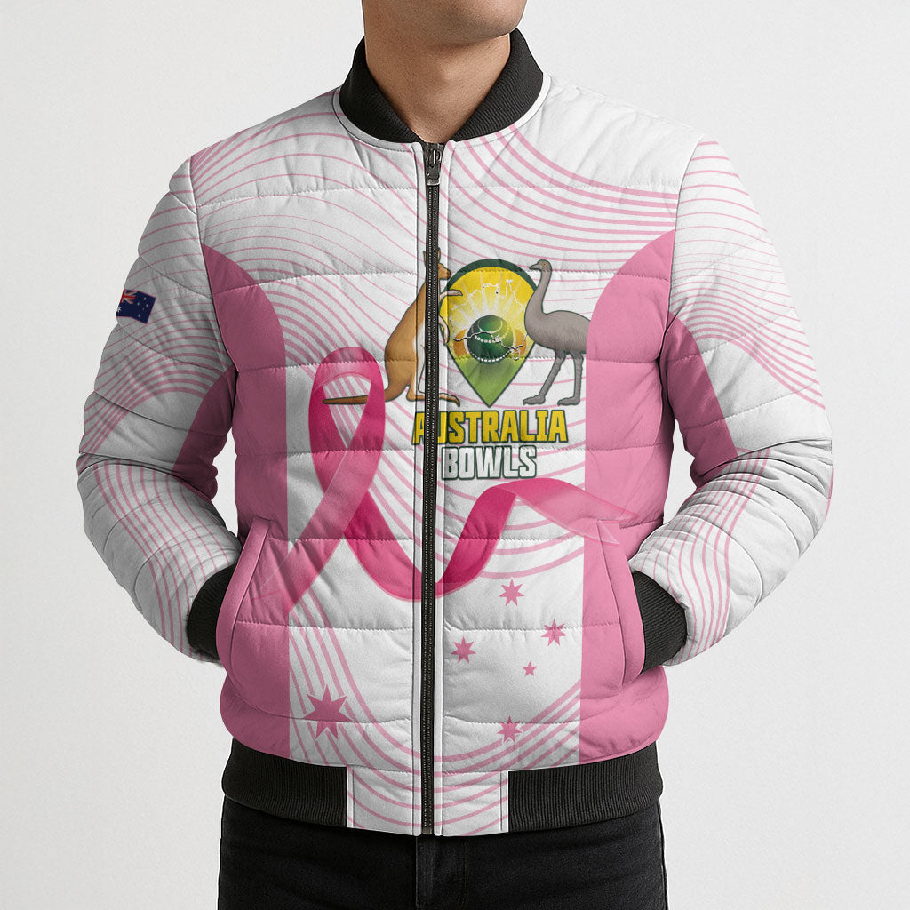 Custom Bowls Australia Breast Cancer Bomber Puffer Jacket Pink Ribbon Curve Sporty