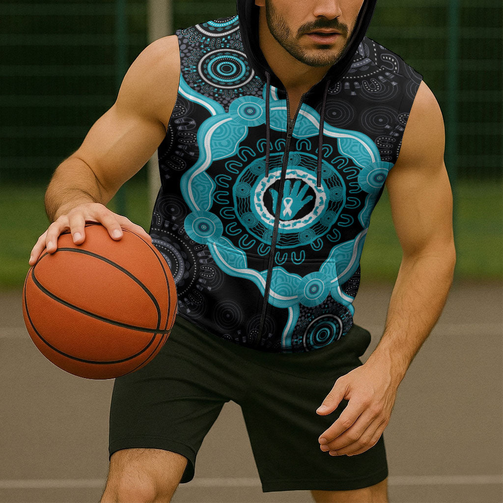 Australia Ovarian Cancer Support Sleeveless Zip Hoodie Brave Strong Teal Ribbon Aboriginal Art