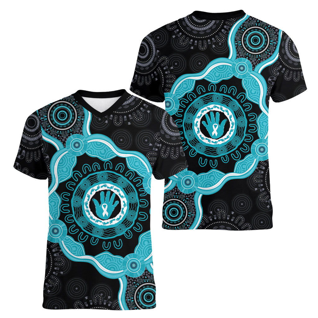 Australia Ovarian Cancer Support Women V-Neck T-Shirt Brave Strong Teal Ribbon Aboriginal Art