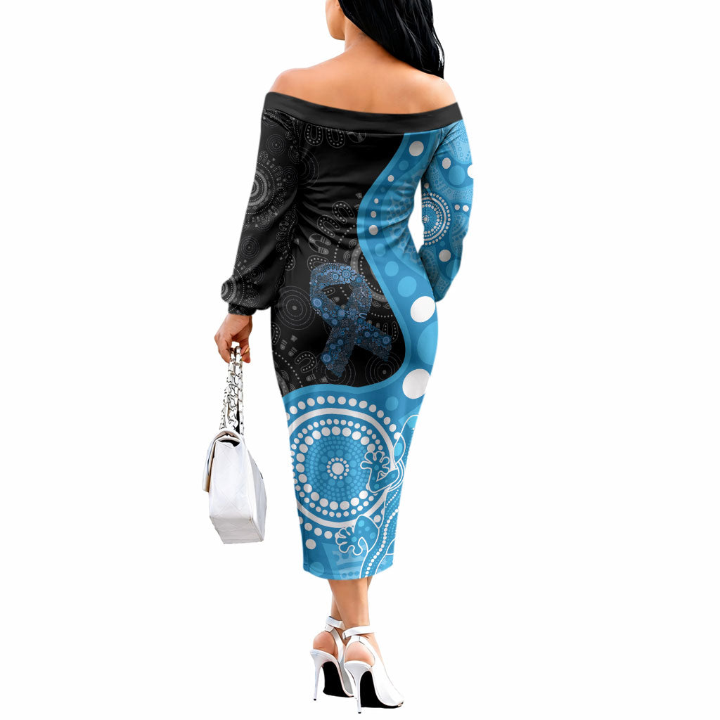 Australia Autism Support Month Off The Shoulder Long Sleeve Dress Indigenous Lizard With Blue Ribbon