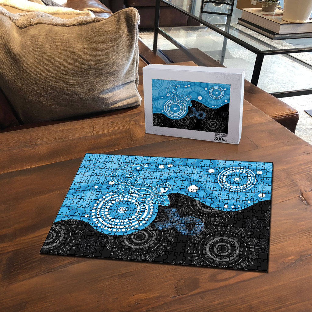 Australia Autism Support Month Puzzle Indigenous Lizard With Blue Ribbon