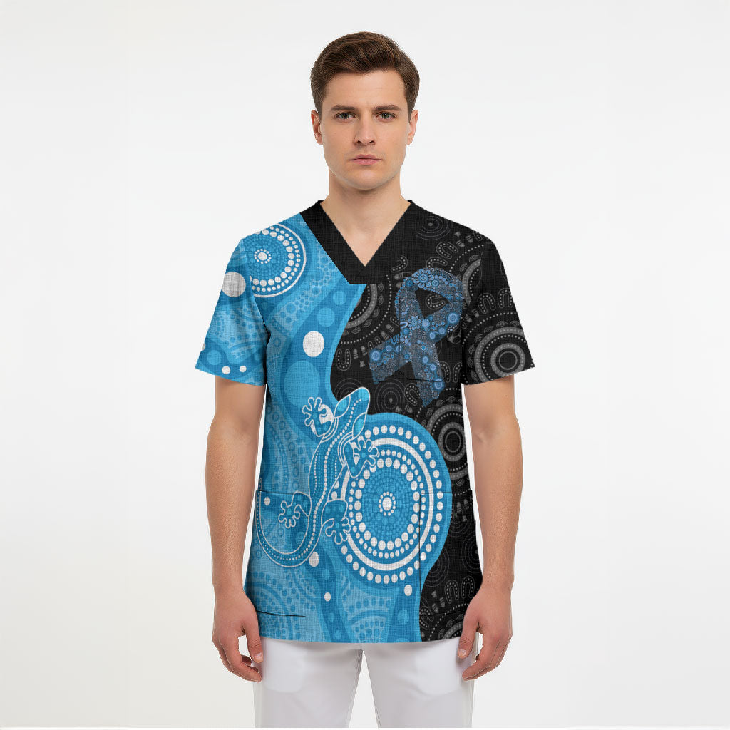 Australia Autism Support Month Scrub Top Indigenous Lizard With Blue Ribbon