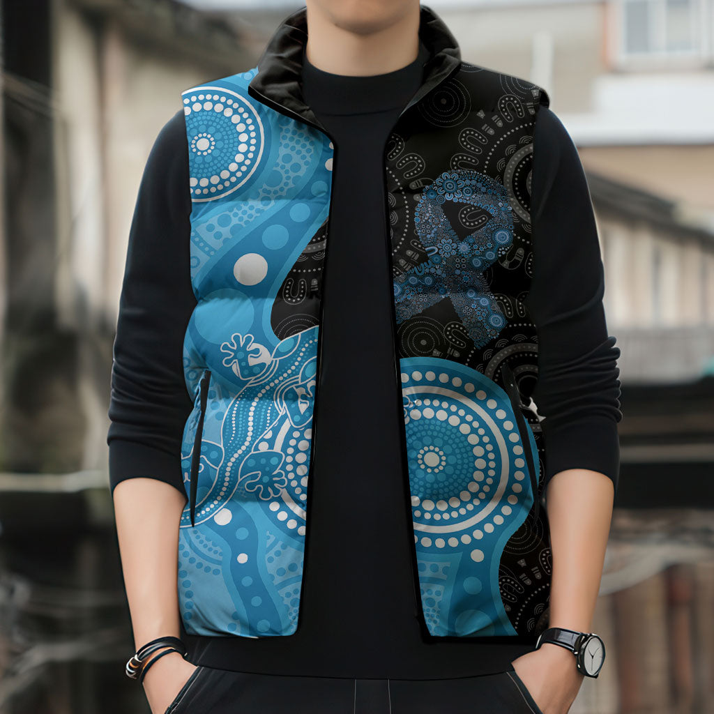 Australia Autism Support Month Sleeveless Puffer Jacket Indigenous Lizard With Blue Ribbon