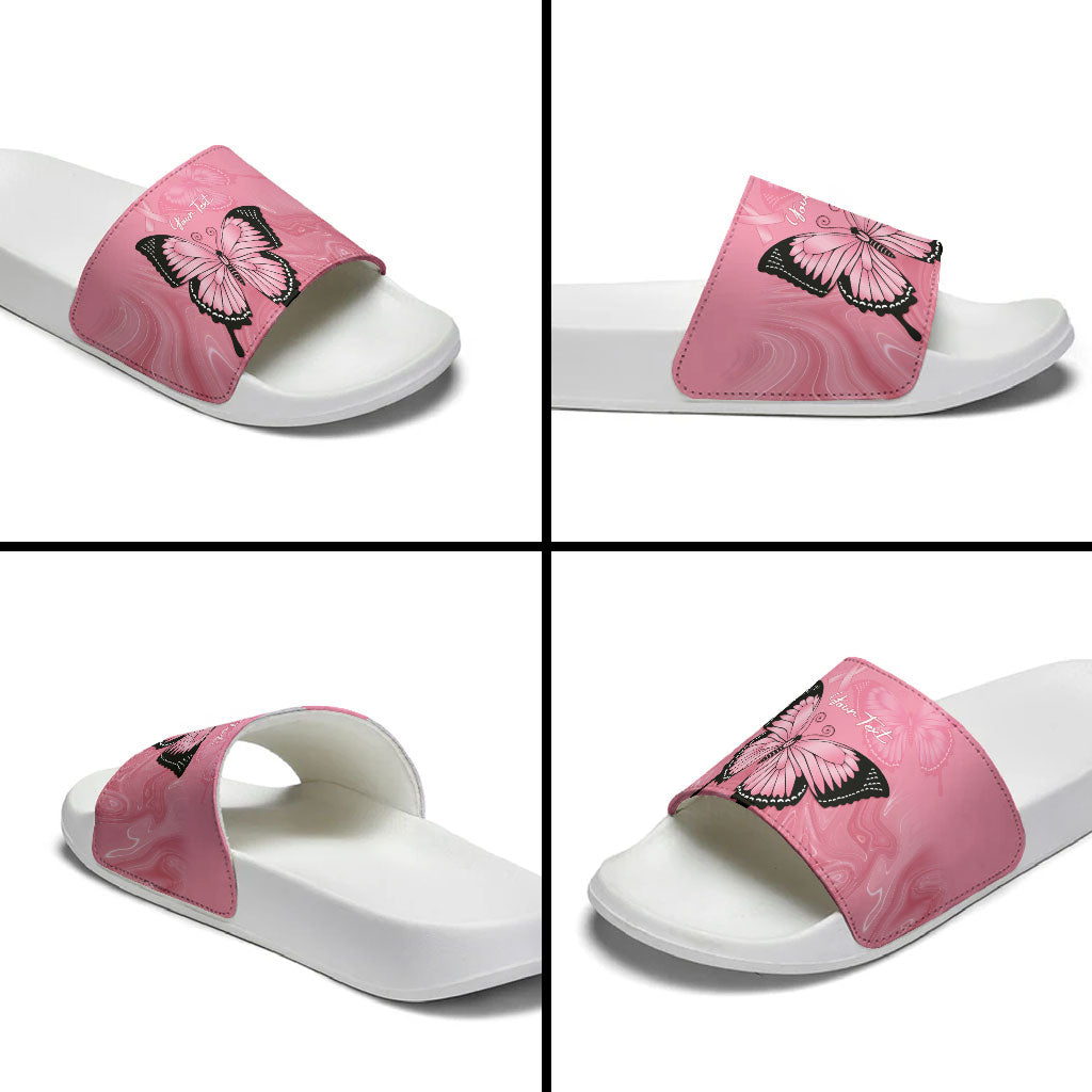 Personalised Australia Breast Cancer Support Slide Sandals Pink Ribbon Butterfly Opal Pattern