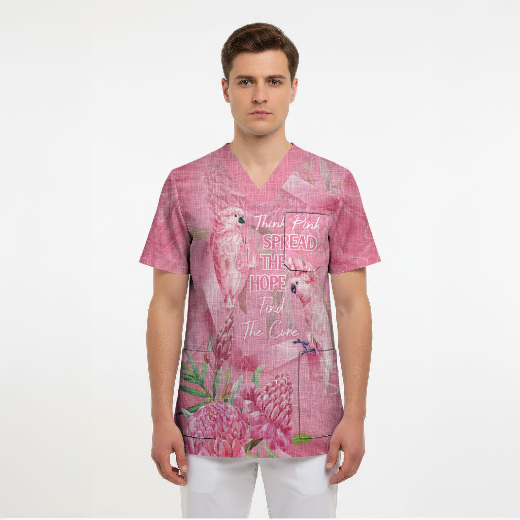 Australia Breast Cancer Support Scrub Top Think Pink Cockatoos Ribbon