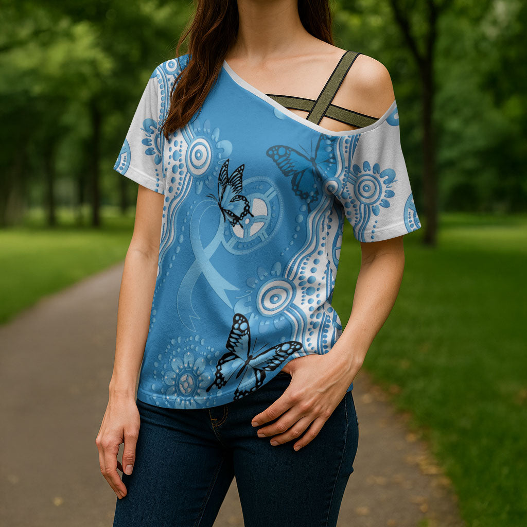 World Diabetes Day Australia Cross Shoulder Shirt Blue Ribbon Butterfly Aboriginal Art