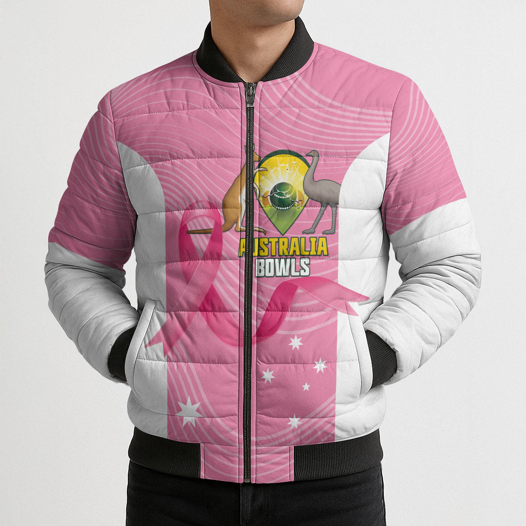 Custom Bowls Australia Breast Cancer Bomber Puffer Jacket Pink Ribbon Aussie Map With Kangaroo Emu