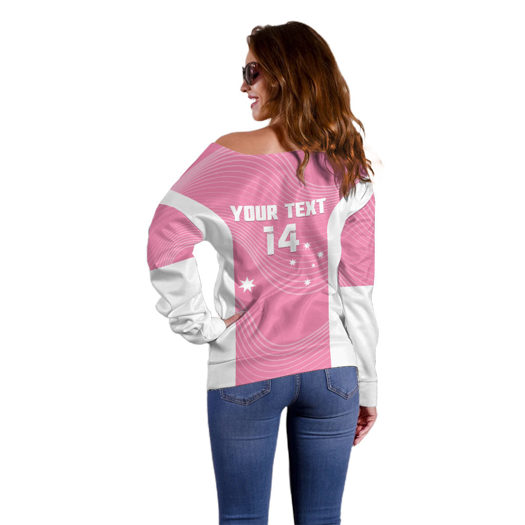 Custom Bowls Australia Breast Cancer Off Shoulder Sweater Pink Ribbon Aussie Map With Kangaroo Emu