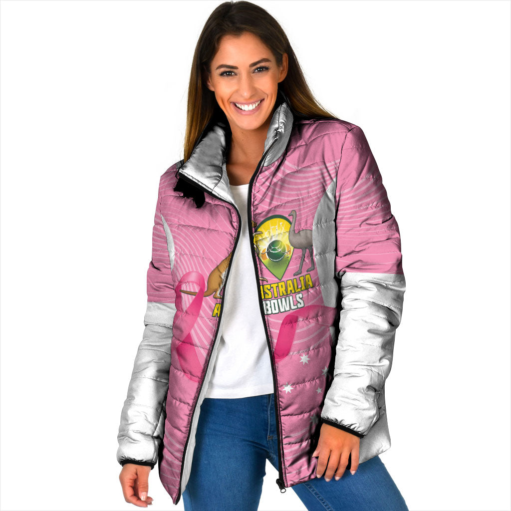 Custom Bowls Australia Breast Cancer Padded Jacket Pink Ribbon Aussie Map With Kangaroo Emu