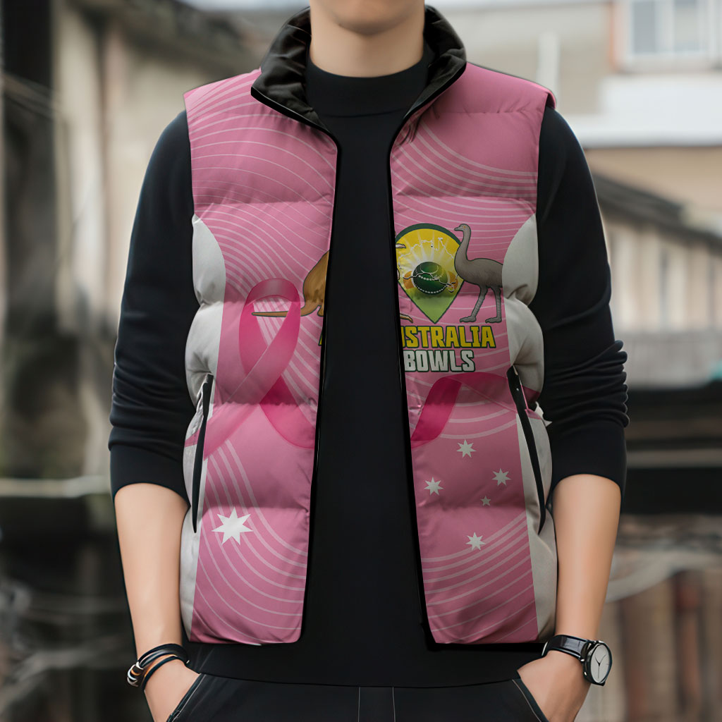 Custom Bowls Australia Breast Cancer Sleeveless Puffer Jacket Pink Ribbon Aussie Map With Kangaroo Emu