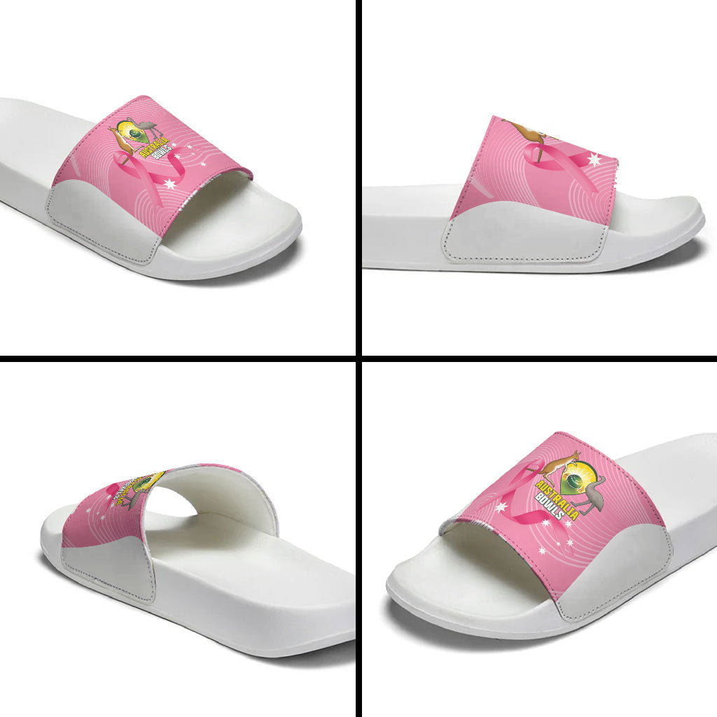 Custom Bowls Australia Breast Cancer Slide Sandals Pink Ribbon Aussie Map With Kangaroo Emu