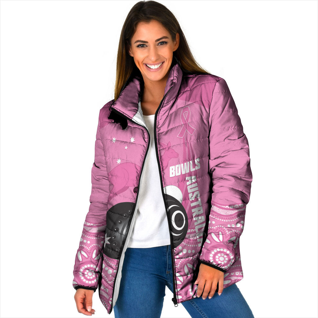 Custom Bowls Australia Breast Cancer Padded Jacket Pink Ribbon Kangaroo Aboriginal Art