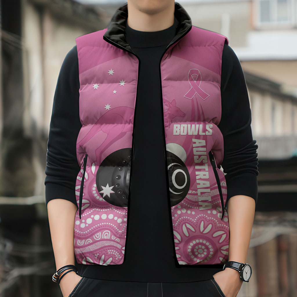 Custom Bowls Australia Breast Cancer Sleeveless Puffer Jacket Pink Ribbon Kangaroo Aboriginal Art