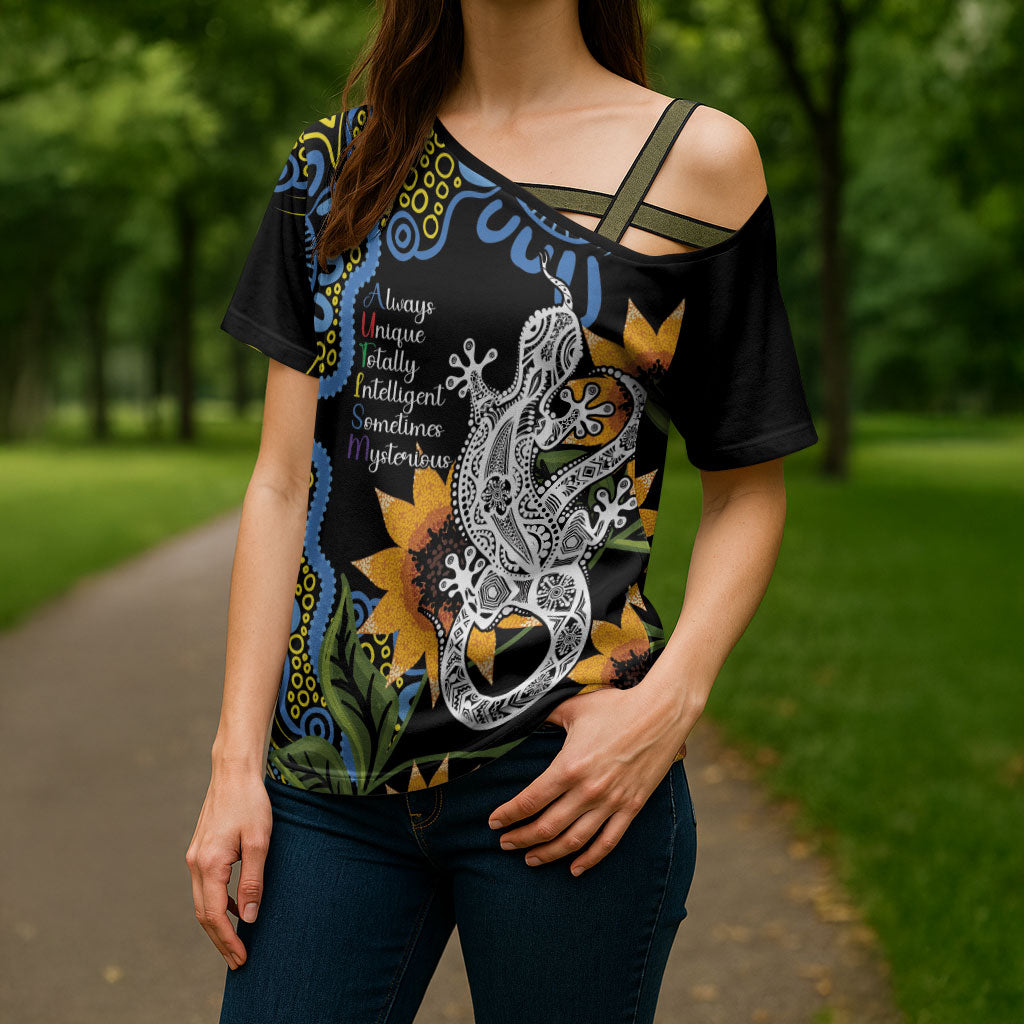 Australia Autism Support Cross Shoulder Shirt Brave Strong Aussie Lizard Aboriginal Art
