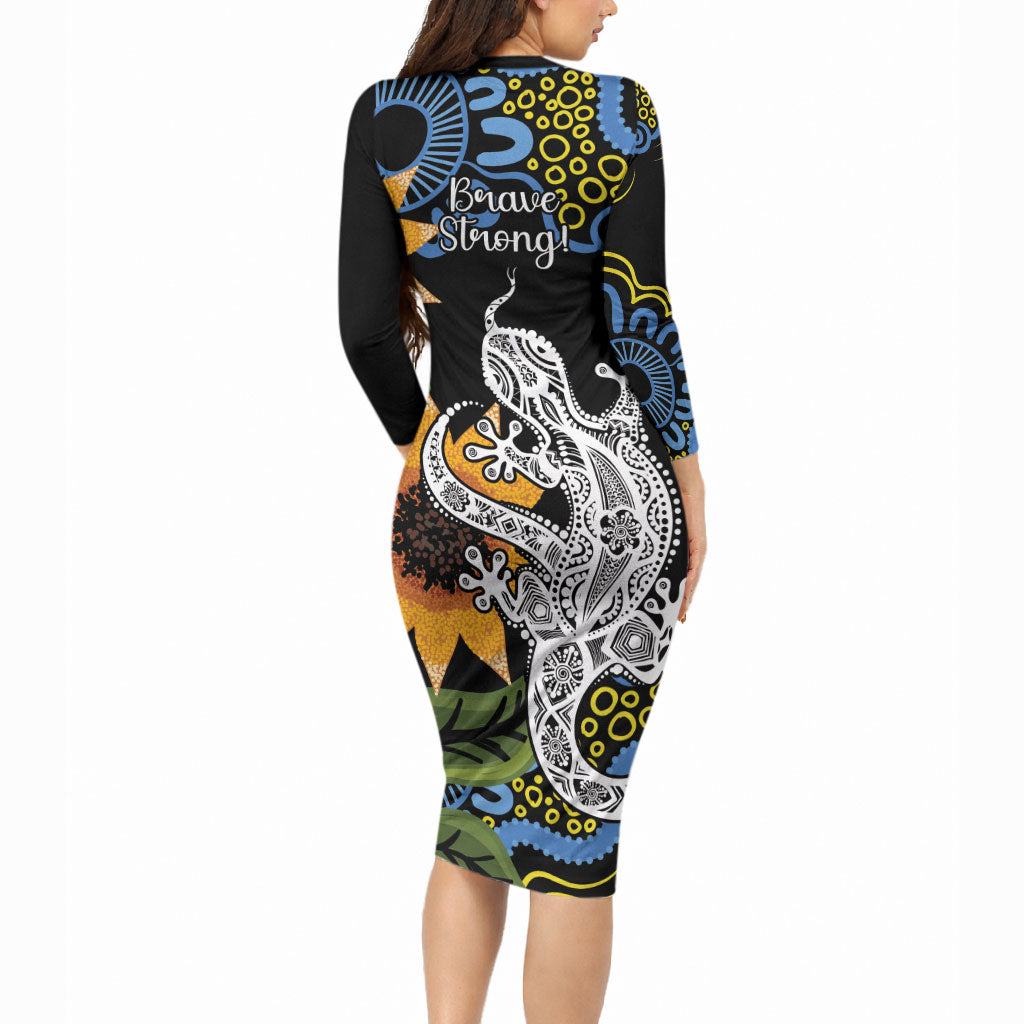 Australia Autism Support Long Sleeve Bodycon Dress Brave Strong Aussie Lizard Aboriginal Art