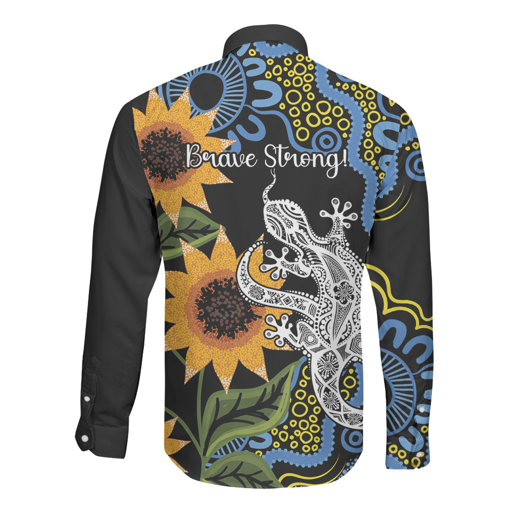 Australia Autism Support Long Sleeve Button Shirt Brave Strong Aussie Lizard Aboriginal Art