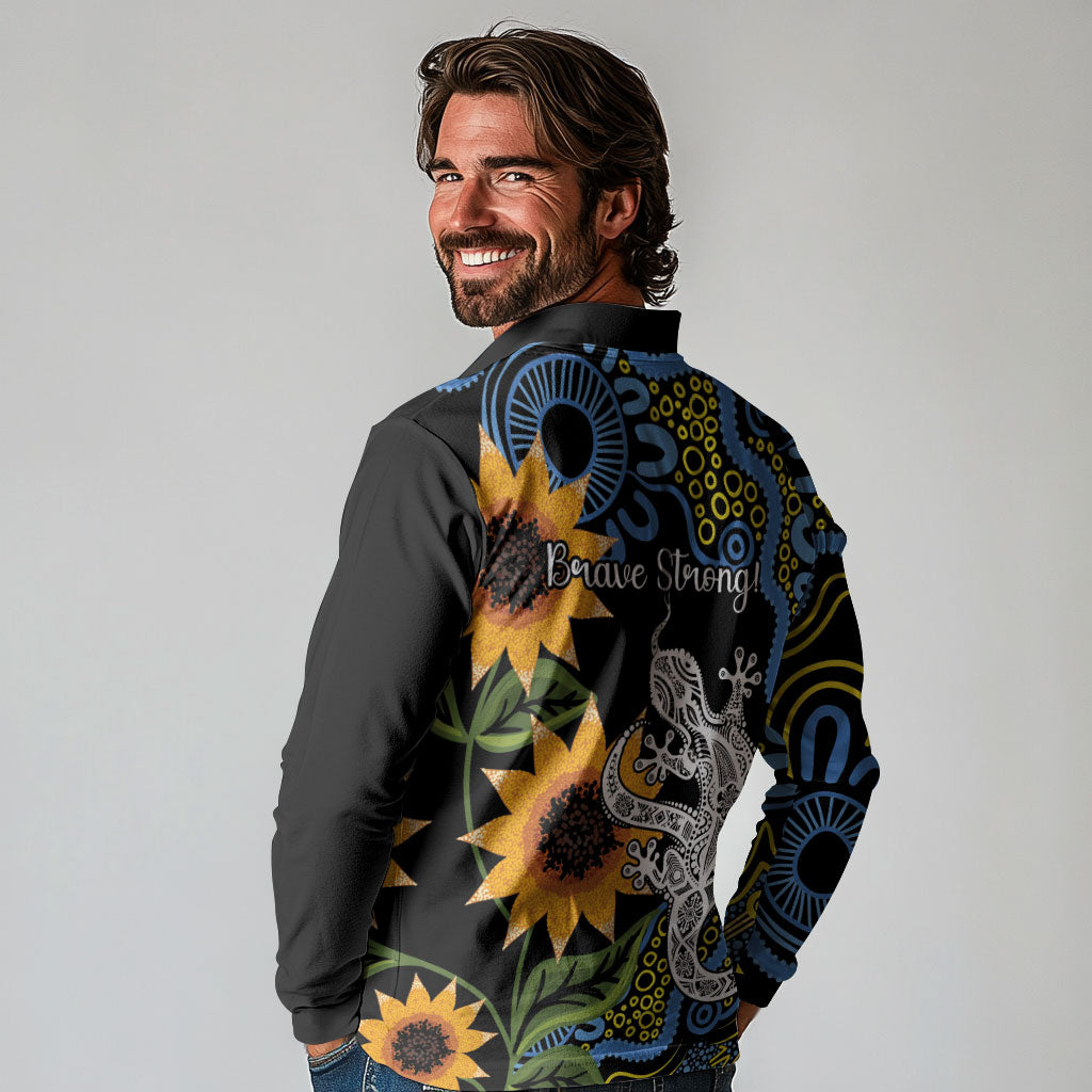 Australia Autism Support Long Sleeve Polo Shirt Brave Strong Aussie Lizard Aboriginal Art