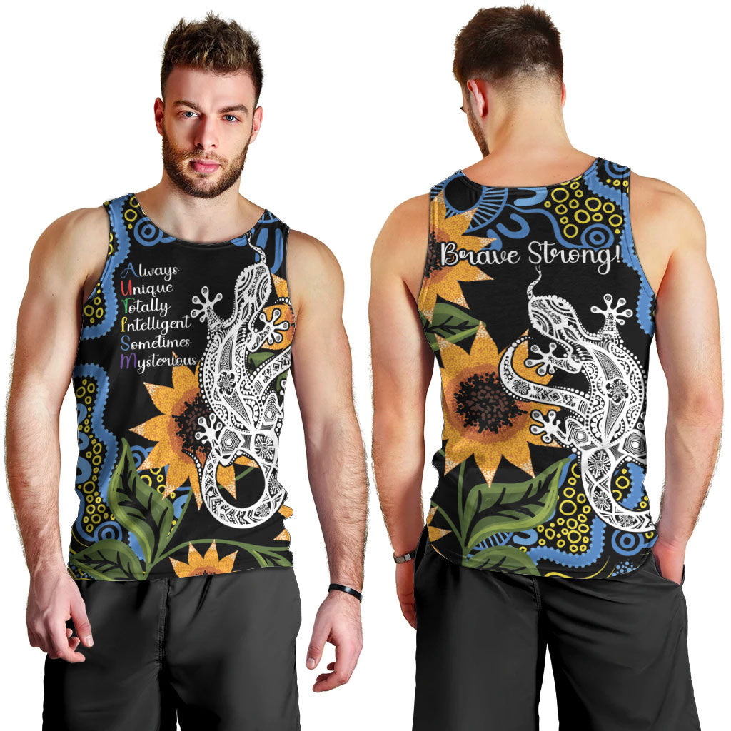 Australia Autism Support Men Tank Top Brave Strong Aussie Lizard Aboriginal Art