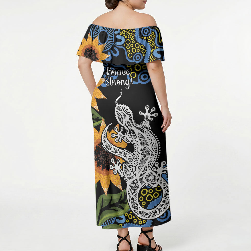 Australia Autism Support Off Shoulder Maxi Dress Brave Strong Aussie Lizard Aboriginal Art