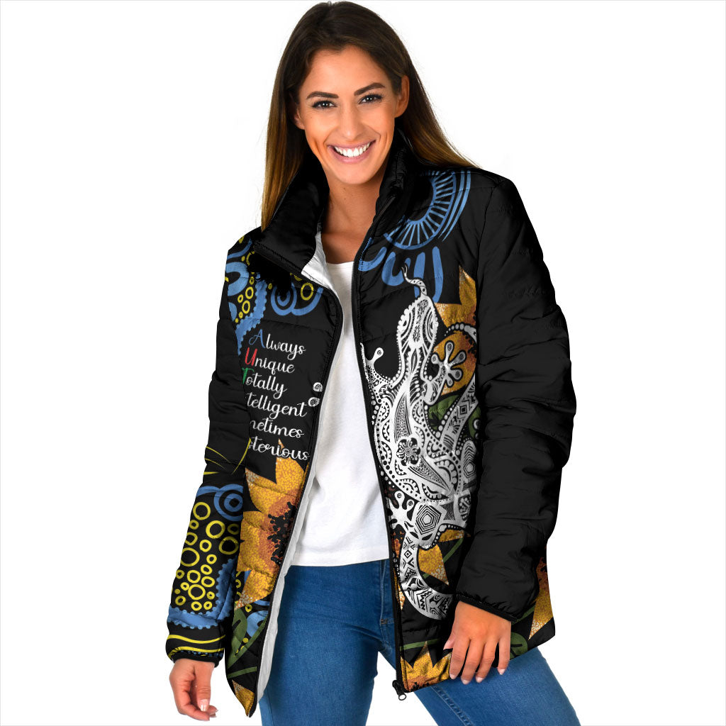 Australia Autism Support Padded Jacket Brave Strong Aussie Lizard Aboriginal Art