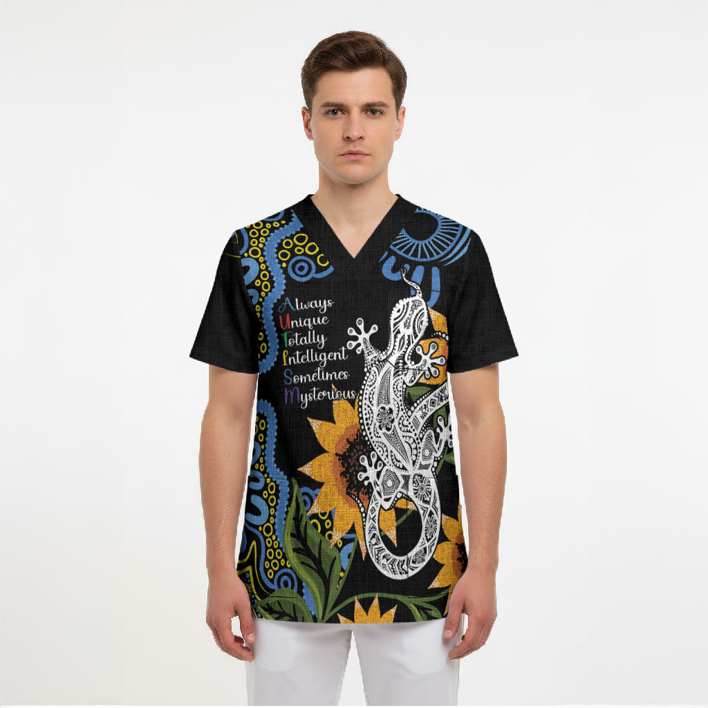 Australia Autism Support Scrub Top Brave Strong Aussie Lizard Aboriginal Art