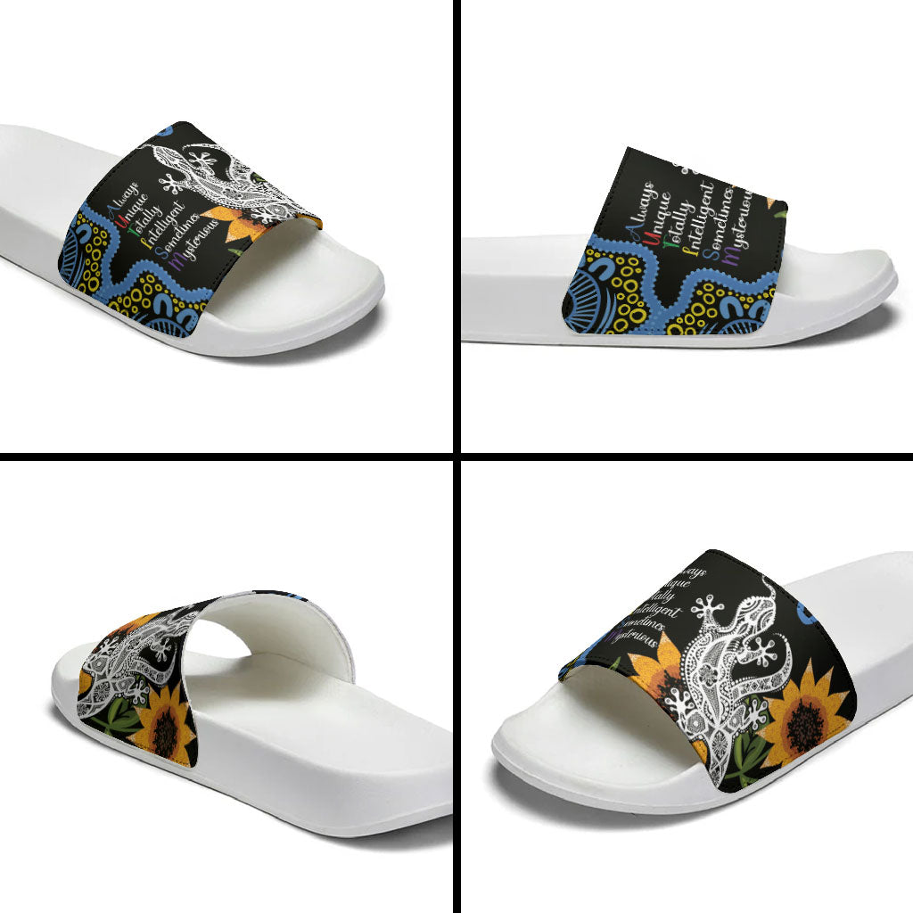 Australia Autism Support Slide Sandals Brave Strong Aussie Lizard Aboriginal Art