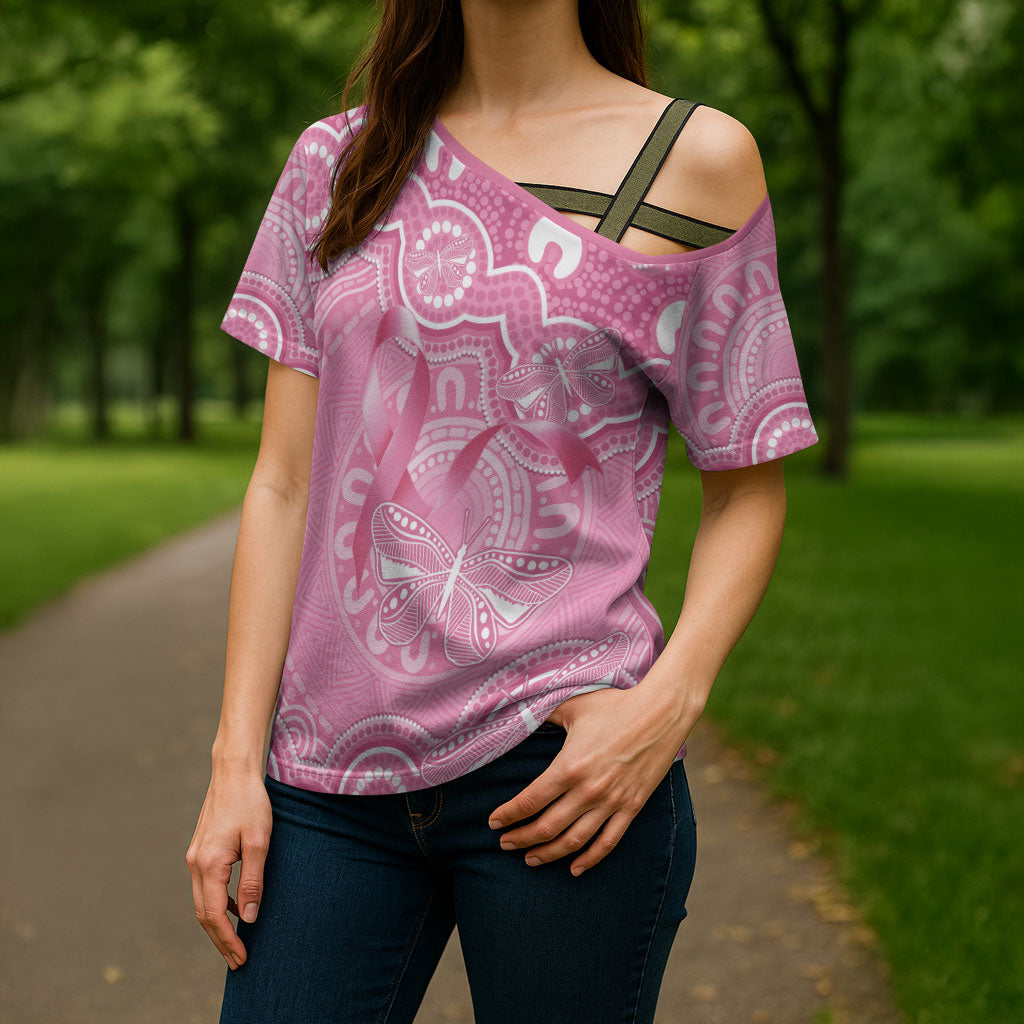 Australia Indigenous Cross Shoulder Shirt Pink Ribbon Breast Cancer Butterfly Aboriginal