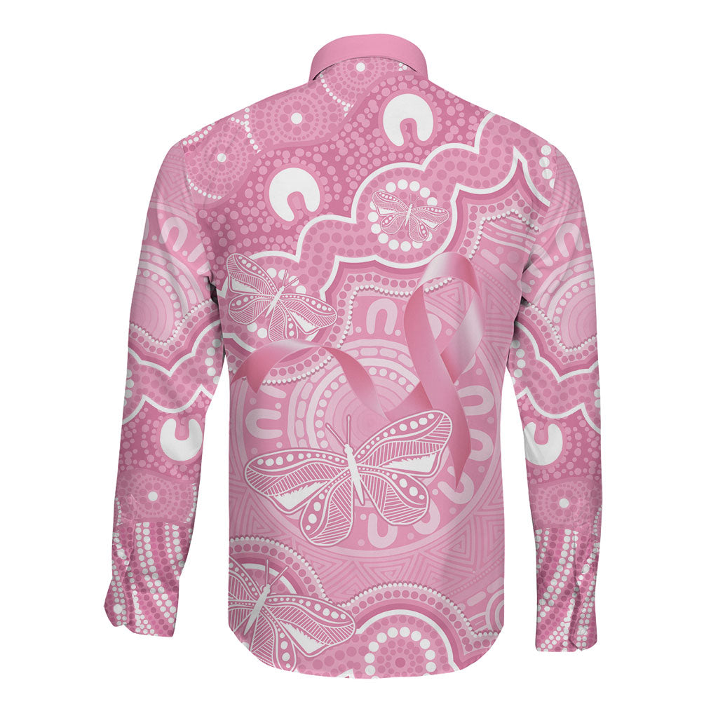 Australia Indigenous Long Sleeve Button Shirt Pink Ribbon Breast Cancer Butterfly Aboriginal