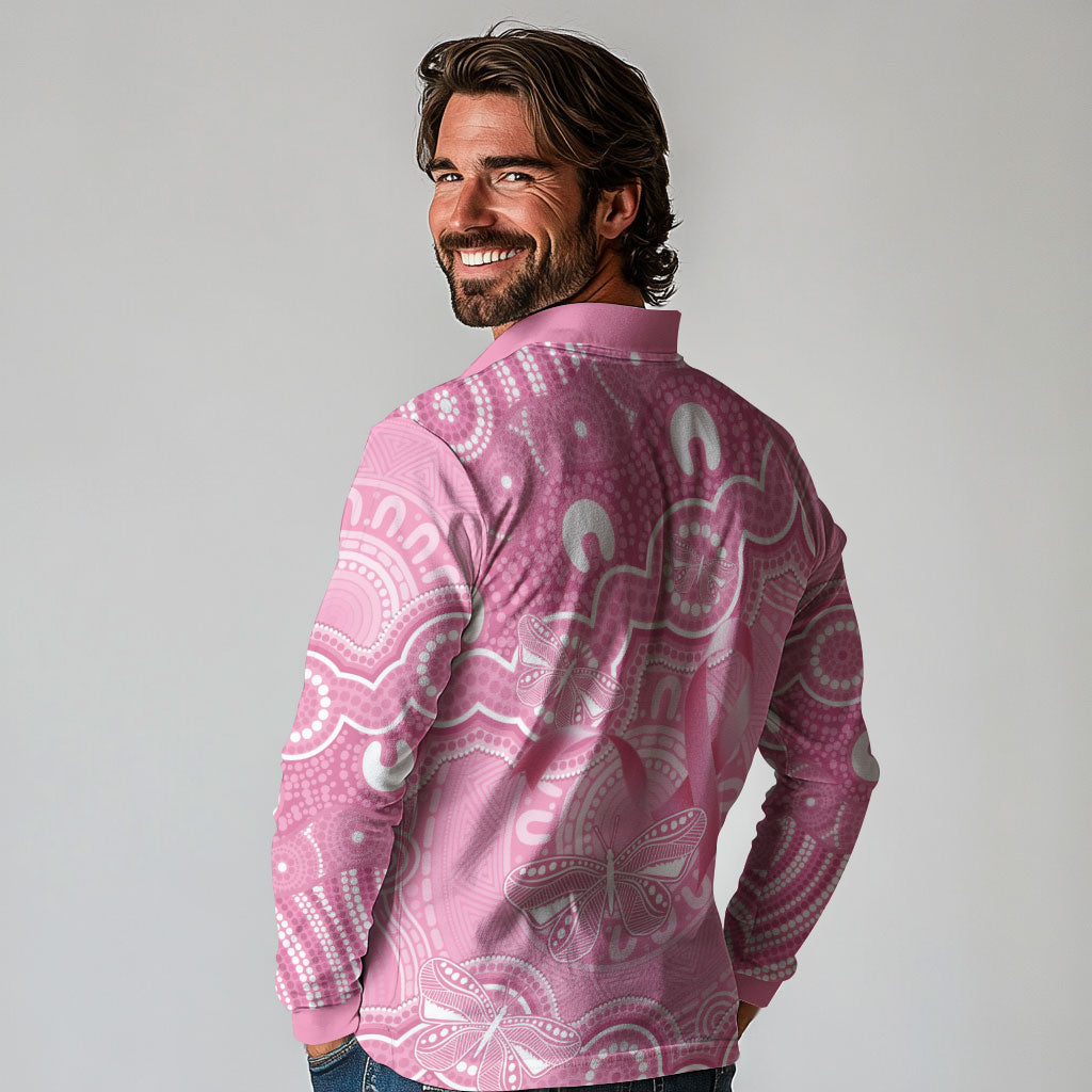 Australia Indigenous Long Sleeve Polo Shirt Pink Ribbon Breast Cancer Butterfly Aboriginal