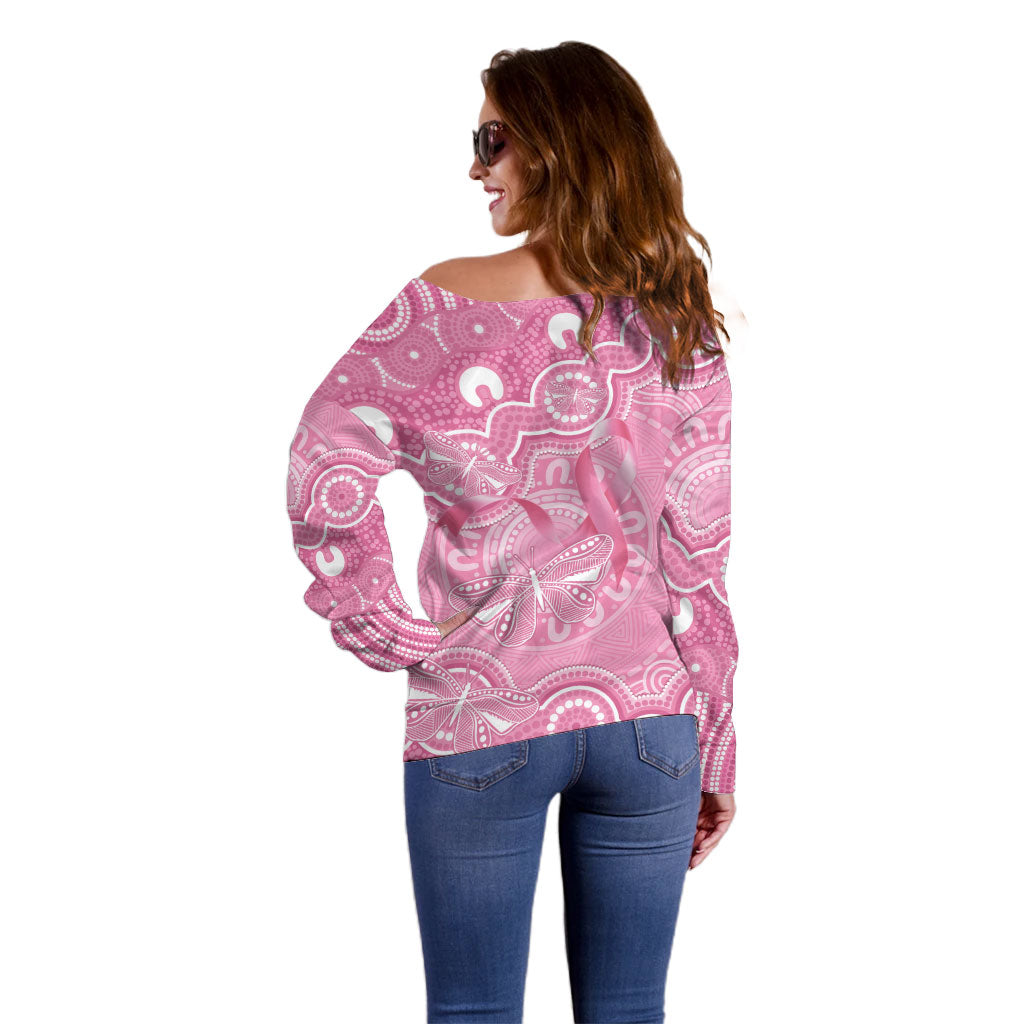 Australia Indigenous Off Shoulder Sweater Pink Ribbon Breast Cancer Butterfly Aboriginal