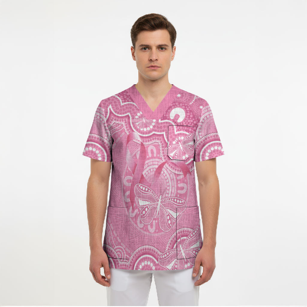 Australia Indigenous Scrub Top Pink Ribbon Breast Cancer Butterfly Aboriginal
