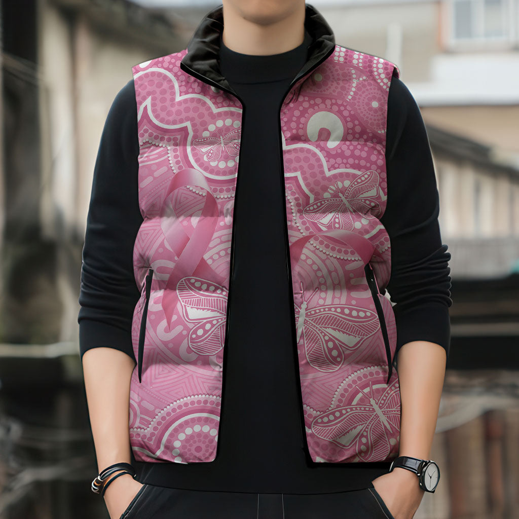 Australia Indigenous Sleeveless Puffer Jacket Pink Ribbon Breast Cancer Butterfly Aboriginal